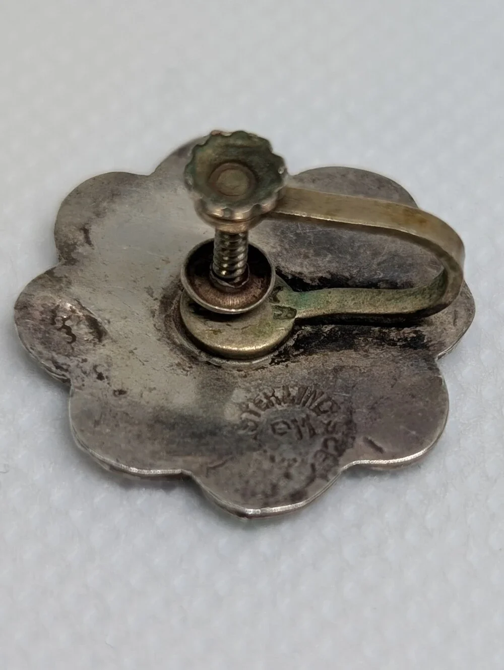 Vintage Alpaca Taxco Iridescent Abalone Sterling Silver Flower Clip-On Earrings